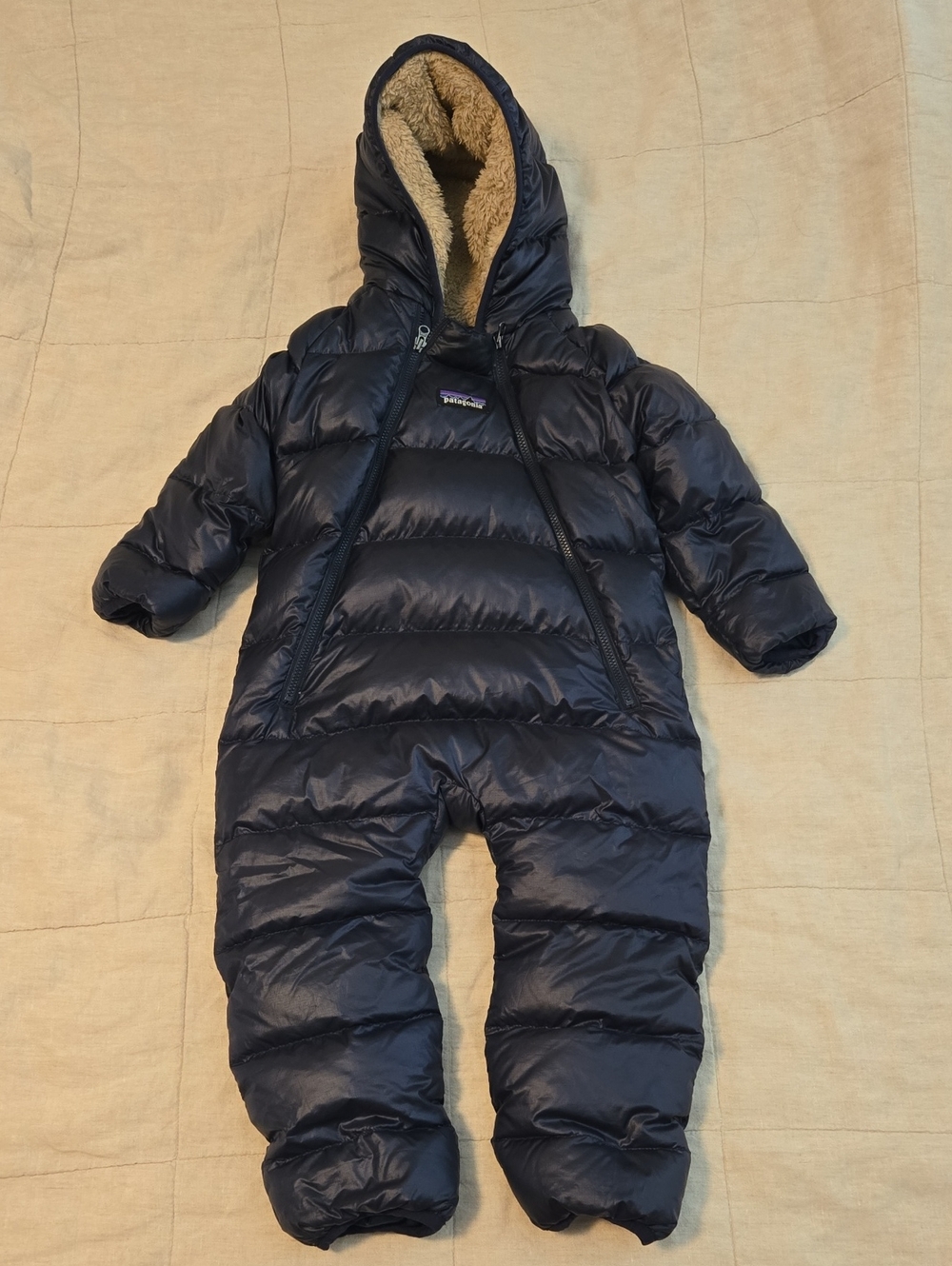 Patagonia Navy and Tan Infant Down Snowsuit Bunting 12M - 18M